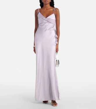 Self Portrait Floral-Appliqu&eacute; Satin Maxi Dress In Lilac