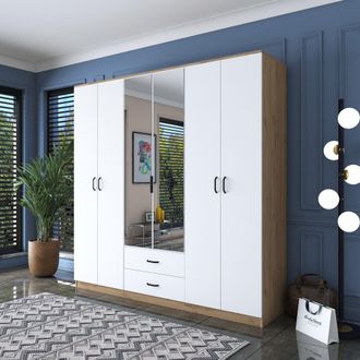 Dmora Armario Grande Neirone, Ropero Dormitorio: 2 Cajones, 5 Estantes, Barra Colgador, 210x210h Cm Blanco