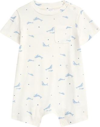Nordstrom Star & Whale Print Cotton Pocket Romper in Ivory Egret Star Whales at Nordstrom, Size 12M