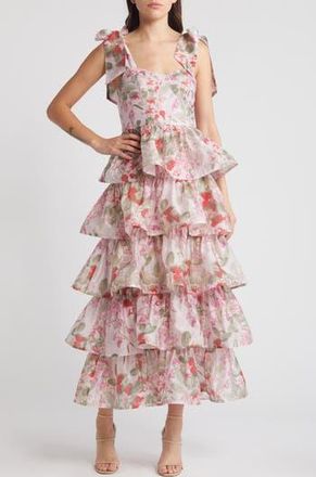 & Other Stories Floral Tie Strap Tiered Midi Dress in Pink Medium at Nordstrom Rack, Size 8