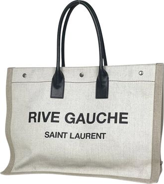 Saint Laurent Beige White Canvas Leather Tote Bag (Pre-Owned)
