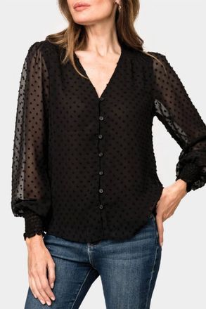 Gibsonlook Pin Dot Smocked Detail V Neck Blouse In Black