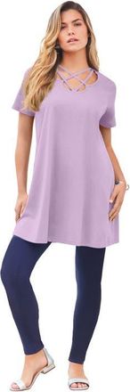 Roaman's Ultimate Lattice Neck Short Sleeve Tunic in Pale Lavender at Nordstrom, Size 16