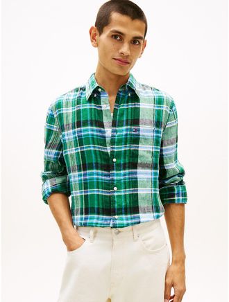 Tommy Hilfiger Mens Regular Fit Madras Check Linen Shirt - Green - XXL