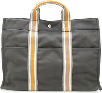 Herm&egrave;s Gray Orange White Canvas Handbag Tote Bag (Pre-Owned)