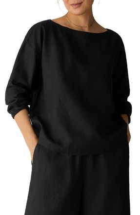Eileen Fisher Boxy Bateau Neck Organic Linen Top in Black at Nordstrom, Size Xx-Small