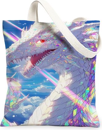 Generic Holographic Dragon Canvas Tote Bags, Fantasy Creature Pattern Reusable Bags, Lightweight Washable Shoulder Strap for Travel, White, 13x15 Inch