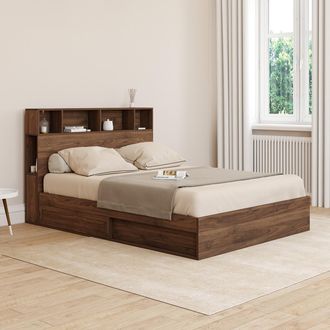 IDMarket Cama Doble Clem Con Espacio De Almacenamiento + Cabecero Y Somier De 140 X 190 Cm Efecto Nogal