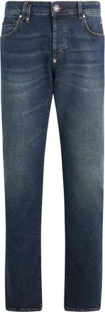 Philipp Plein Super Straight Cut Jeans Basic Cocco Label - Heren - Slim Fit Jeans - Blauw - W34 - Leer - Jeans