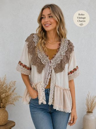 Paperlace London Lace Garden Patchwork Kimono Top In Beige