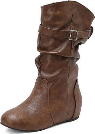 Generic Womens Pull on Slouch Mid-Calf Boots Round Toe PU Leather Casual Boots Wedge Heel Western Boot with Buckle,Brown,10.5 UK