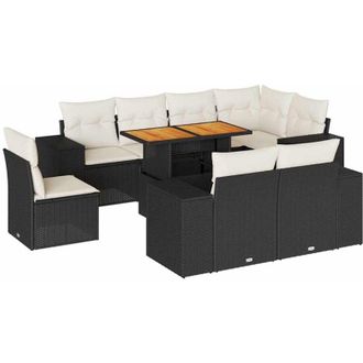 vidaXL Set De Sof&aacute;s De Jard&iacute;n Con Cojines 9 Pzas Rat&aacute;n Sint&eacute;tico Negro Vidaxl