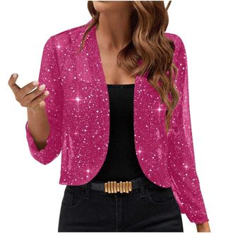 Generic Women Jackets Casual Long Sleeve Open Front Sparkly Sequin Party Gathering Cardigan Jacket Sparkly Crop Coat (Hot Pink, XXL)
