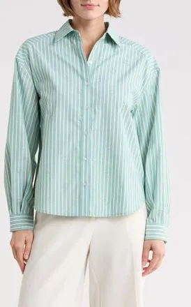 Nanette Lepore Stripe Embellished Button-Up Shirt in Shamrock Green Stripe Heart at Nordstrom Rack, Size X-Large