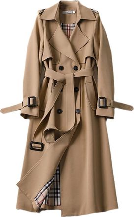 Generic Spring And Autumn Womens Trench Coat Solid Color British Style Long Sleeve Elegant Office Ladies Coat Khaki Plaid Rib XXL
