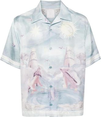 Givenchy Short Sleeve Shirts, male, Blue, M, Silk Graphic Print Cuban Collar Shirt