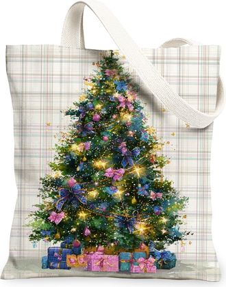 Generic Festive Canvas Tote Bags, Vintage Christmas Tree Pattern Reusable Shopping Bags, Lightweight Washable Eco-Friendly Canvas for Holiday Gifts 13x15 Inch