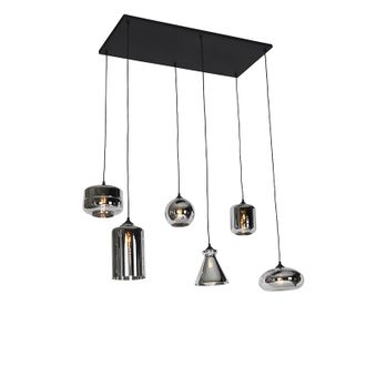 QAZQA Art D&eacute;co L&aacute;mpara Colgante Art Deco Negra Con Cristal Ahumado 6 Luces - Wallace Vidrio /acero Alargada Adecuado Para Led Max. 6 X 60 Watt - Qazqa