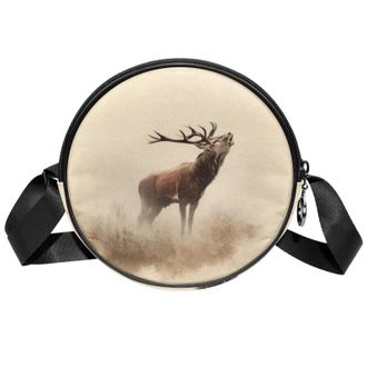 Generic Circle Crossbody Bag for Women, Vintage Red Deer Small Sling Bag Daypack with Zipper Adjustable Shoulder Straps Casual Ladies Girls Round Purse