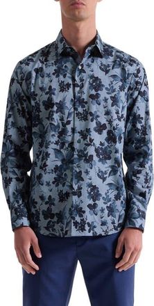 Bugatchi Julian Shaped Fit Floral Print Stretch Cotton Button-Up Shirt in Cobalt at Nordstrom, Size Xx-Large