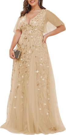 Ever-pretty Women Plus Size Evening Dress Sequins Floor Length Short Sleeves Gold 20