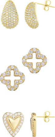 Adornia Set of 3 Pav&eacute; Teardrop, Open Clover & Heart Stud Earrings in Gold at Nordstrom Rack