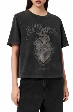 AllSaints Sabbath Lisa Embellished Cotton Graphic T-Shirt in Washed Black at Nordstrom, Size X-Small