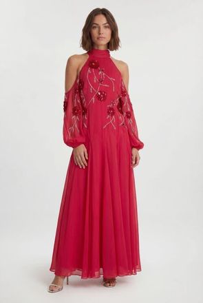 Karen Millen Petite 3D Floral Appliqu&eacute; Maxi Dress in Hot Pink at Nordstrom, Size 10