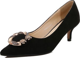 Generic Black,4.5 UK,Kitten Heels for Womens Suede Pointy Closed Toe Low Heel Pumps Slip On Wedding Party Dress Shoes with Square Buckle