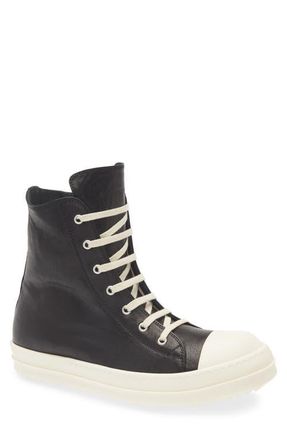 Rick Owens Hollywood Leather High Top Sneaker in Black/Milk/Milk at Nordstrom, Size 10Us