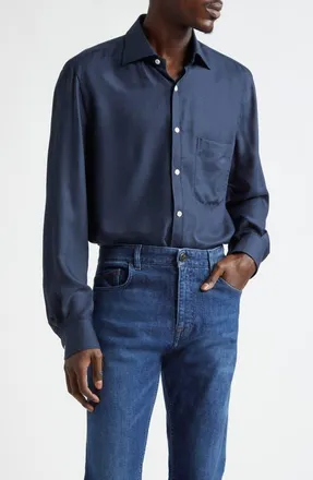 Isaia Houndstooth Check Wool Button-Up Shirt in Medium Blue at Nordstrom, Size 39