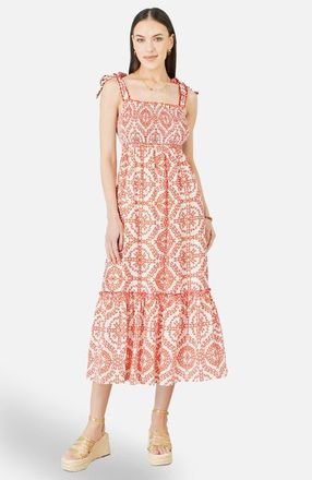 Yumi Ruched Tie Strap Midi Sun Dress in Red at Nordstrom, Size 12