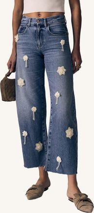 LE JEAN Nomad Flower Appliqu&eacute; High Waist Wide Leg Jeans in Moon Flower at Nordstrom, Size 25