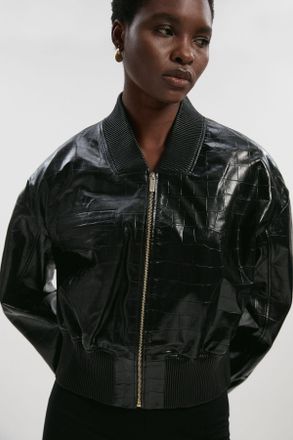 Karen Millen Womens High Shine Croc Embossed Leather Bomber Jacket - Black - Size 12 UK