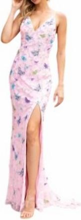 Primavera V-Neck Beaded Butterfly Prom Gown In Pink