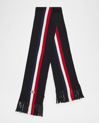 Moncler Men & apos;s Wool Tricolor Stripe Fringe Scarf