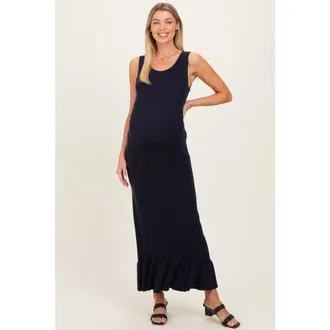 Pinkblush Ribbed Knit Sleeveless Ruffle Hem Maxi Dress in Navy Blue at Nordstrom, Size Medium