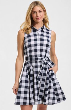 Lands End Poplin Button Front Dress with Godets in Radiant Navy Gingham at Nordstrom, Size X-Large P