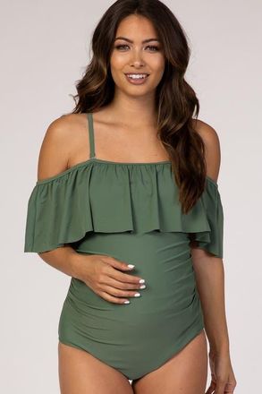 Pinkblush Ruffle Trim Ruched One-Piece Maternity Swimsuit in Olive Green at Nordstrom, Size Medium