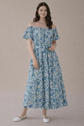 Guadalupe Design Momposina Maxi Dress In Blue Birds And Green Leaves