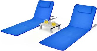 Costway Costway Set De 2 Esterillas De Playa Con Respaldo Plegable Y 1 Mesita, Set Tumbonas Regulables, Sillas Regulables Port&aacute;tiles Para Playa Patio Camping 