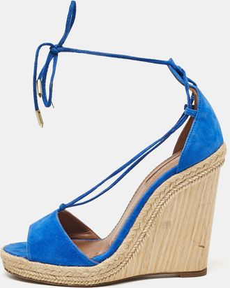 Aquazzura Blue Suede Ankle Tie Wedge Sandals