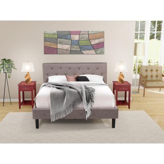 East West Furniture NL14Q-2DE13 3 Pc Queen Bedroom Set - 1 Wood Bed Brown Taupe Velvet Fabric Headboard and 2 nightstands - Burdy Finish Nightstand