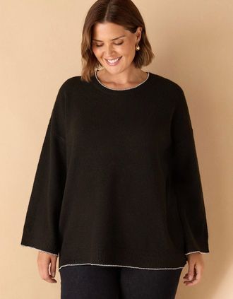Live Unlimited London Womens Black Crew Neck Contrast Stitch Knit Jumper - Size: 20