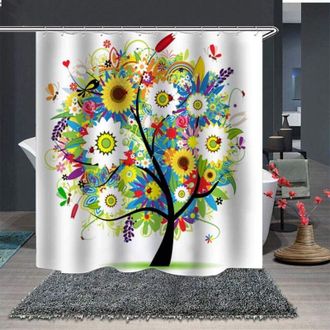 OEM Cortina De Ducha Impermeable Y Resistente Al Moho, 100% Poli&eacute;ster, Con 12 Anillas Para Colgar, Estampado Floral Y De &Aacute;rboles Multicolor, 180x200 Cm