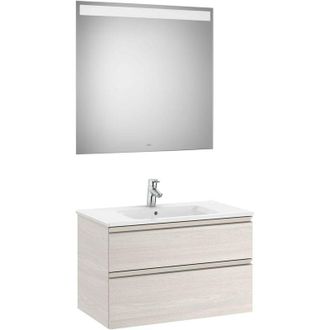 Roca Roca - Pack Mueble Base De 2 Cajones + Lavabo Central + Espejo Led The Gap Color: Fresno N&oacute;rdico