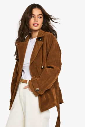 Boohoo Womens Suede Look Short Belted Trench Coat - Brown - Size 10 UK