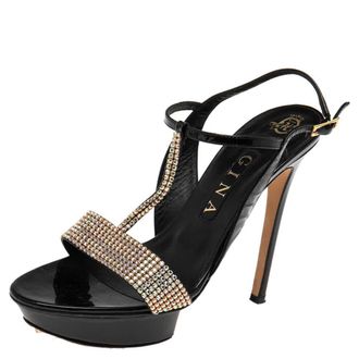 Gina Black Patent Leather Crystal Embellished T-Strap Sandals