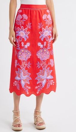 Farm Rio Porcelain Garden Floral Linen Maxi Skirt in Red at Nordstrom Rack, Size Medium