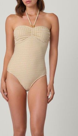 Shoshanna Metallic Seersucker Cinched Bandeau One Piece in Multi at Nordstrom, Size 12